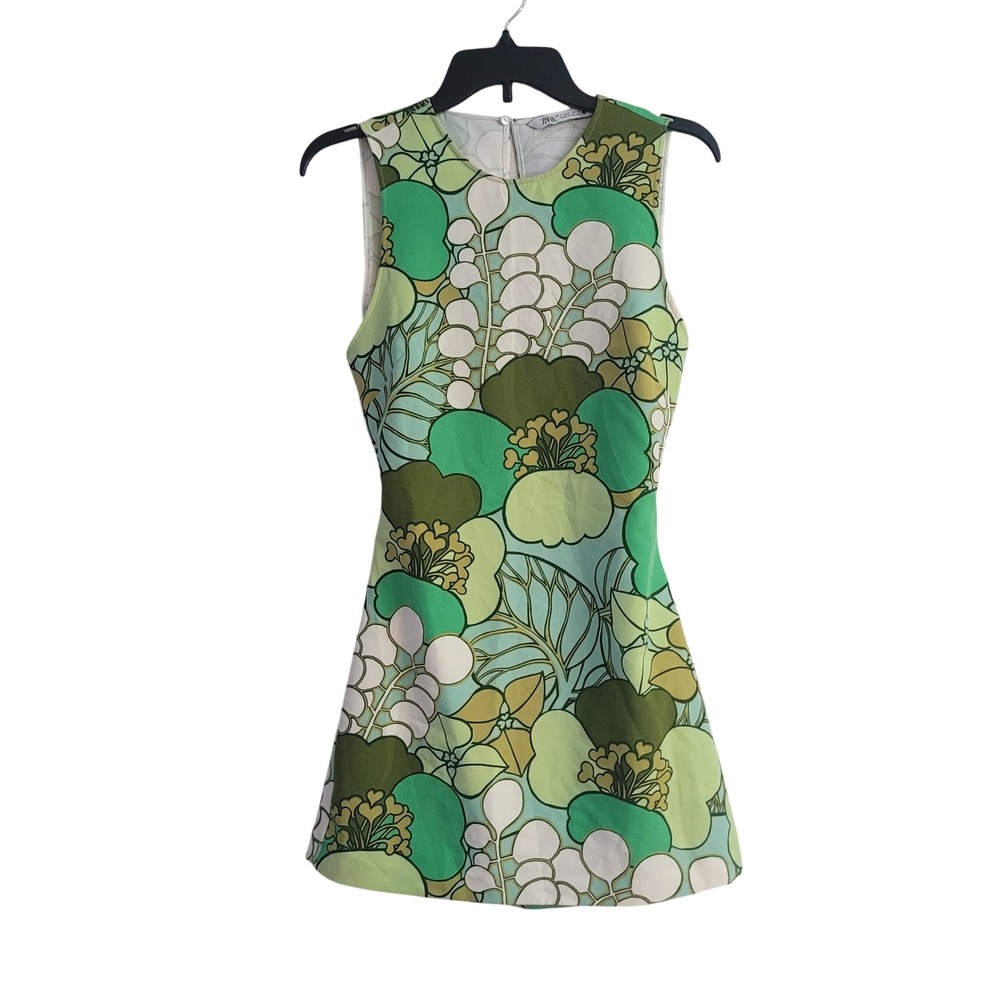 Zara Size S Floral Mini Dress Womens Green Retro Mod Cutout Back Sleeveless